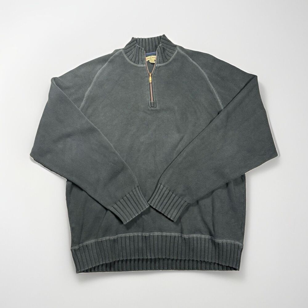 Tommy Bahama Men's Gray Solid Cotton Knit Mock Neck 1/4 Zip Pullover Sweater XL